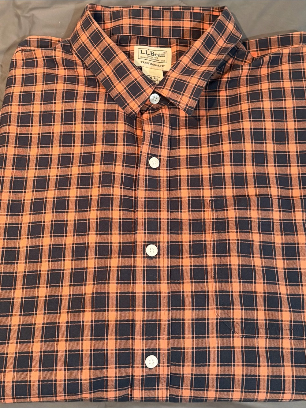 L.L. Bean Men's Orange and Navy Plaid Button-Up Shirt - Traditional Fit